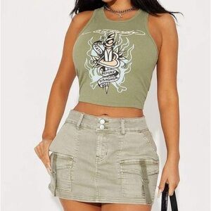 Stylish Olive Graphic Crop Top& mini skirt set